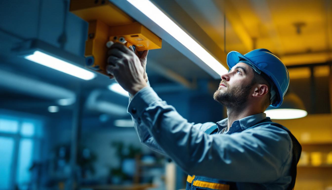 A photograph of a lighting contractor expertly installing or adjusting modern led fixtures in a commercial or residential setting