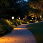 A photograph of capture a photograph of a beautifully illuminated pathway lined with modern solar lights