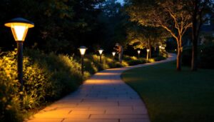 A photograph of capture a photograph of a beautifully illuminated pathway lined with modern solar lights