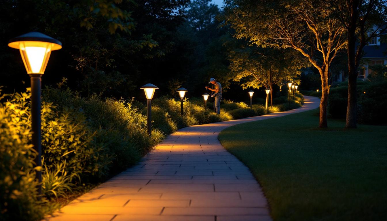 A photograph of capture a photograph of a beautifully illuminated pathway lined with modern solar lights