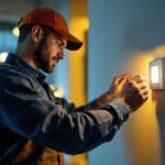 A photograph of a lighting professional installing or adjusting a motion and light sensor switch in a modern