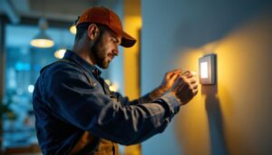 A photograph of a lighting professional installing or adjusting a motion and light sensor switch in a modern