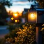 A photograph of a beautifully designed mailbox illuminated by a warm