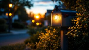 A photograph of a beautifully designed mailbox illuminated by a warm