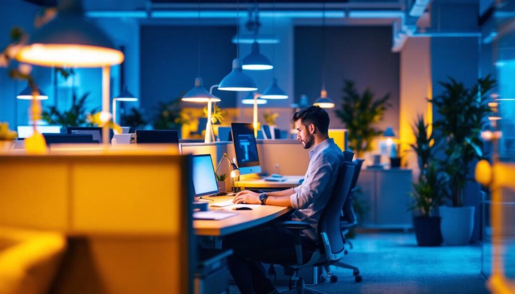 A photograph of a modern office cubicle illuminated by stylish