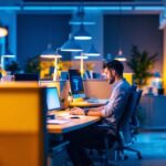A photograph of a modern office cubicle illuminated by stylish