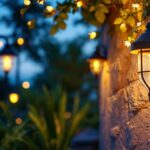 A photograph of a well-lit outdoor space showcasing solar-powered lighting fixtures in use