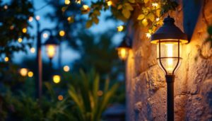 A photograph of a well-lit outdoor space showcasing solar-powered lighting fixtures in use