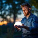 A photograph of a lighting contractor demonstrating the versatility of a collapsible solar lamp in an outdoor setting