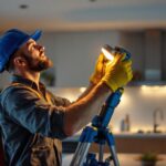 A photograph of a lighting contractor skillfully installing an led retrofit can light in a modern home