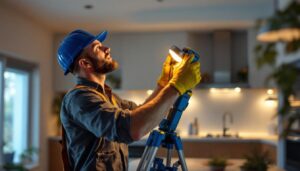 A photograph of a lighting contractor skillfully installing an led retrofit can light in a modern home