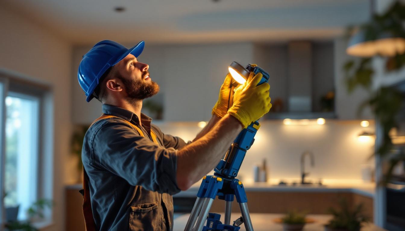 A photograph of a lighting contractor skillfully installing an led retrofit can light in a modern home