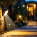 A photograph of a well-lit outdoor scene featuring a security motion light in action