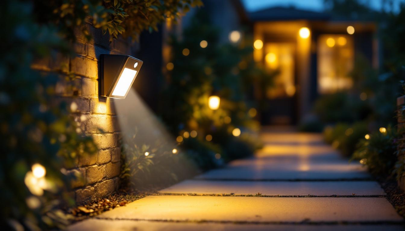 A photograph of a well-lit outdoor scene featuring a security motion light in action