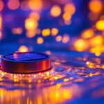 A photograph of a beautifully illuminated underwater scene showcasing solar-powered lights in action