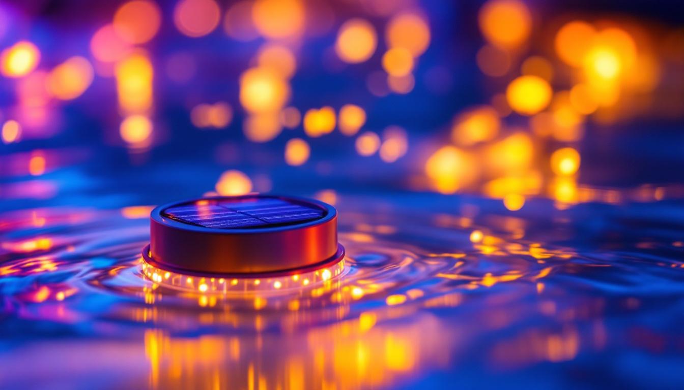 A photograph of a beautifully illuminated underwater scene showcasing solar-powered lights in action