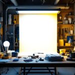 A photograph of a brightly lit workspace featuring an 8 ft led bulb installation