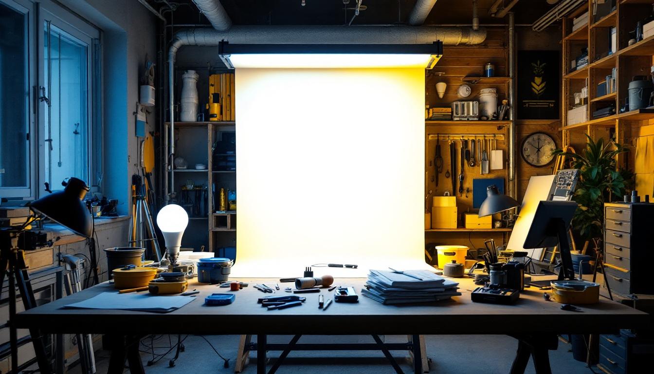 A photograph of a brightly lit workspace featuring an 8 ft led bulb installation