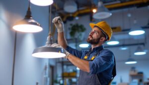 A photograph of a lighting contractor installing or showcasing a variety of commercial led lights in a well-lit workspace