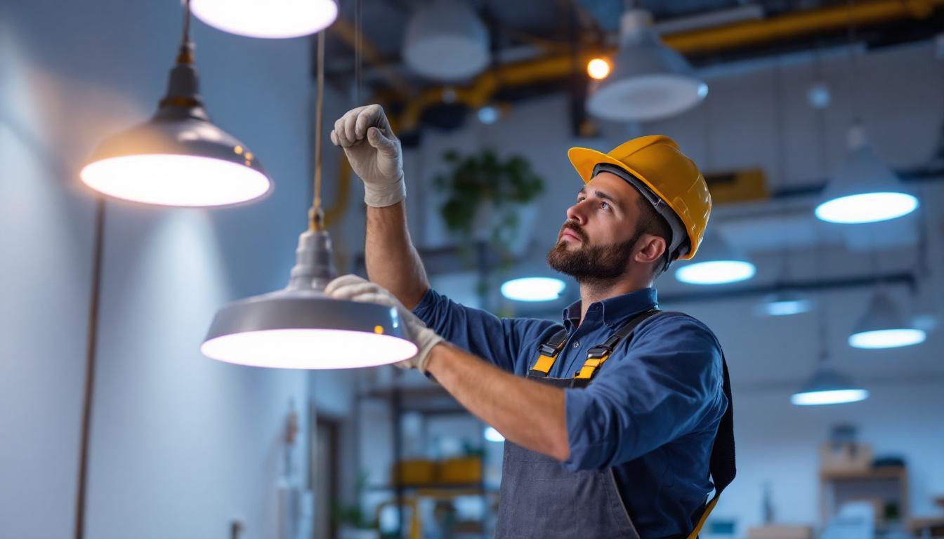 A photograph of a lighting contractor installing or showcasing a variety of commercial led lights in a well-lit workspace