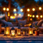 A photograph of a beautifully arranged outdoor setting featuring solar lanterns illuminating a cozy gathering space