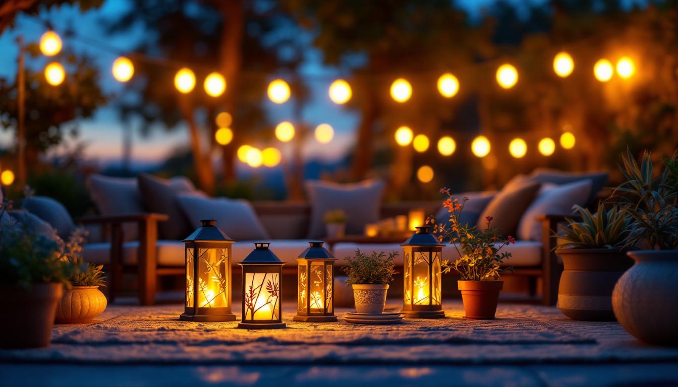 A photograph of a beautifully arranged outdoor setting featuring solar lanterns illuminating a cozy gathering space