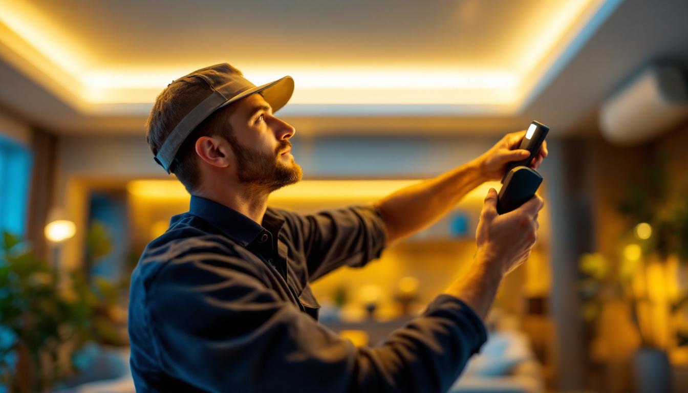 A photograph of a modern lighting contractor installing or showcasing innovative motion led lights in a stylish residential or commercial setting