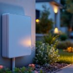 A photograph of a well-installed outdoor electrical box extender in a beautifully landscaped setting
