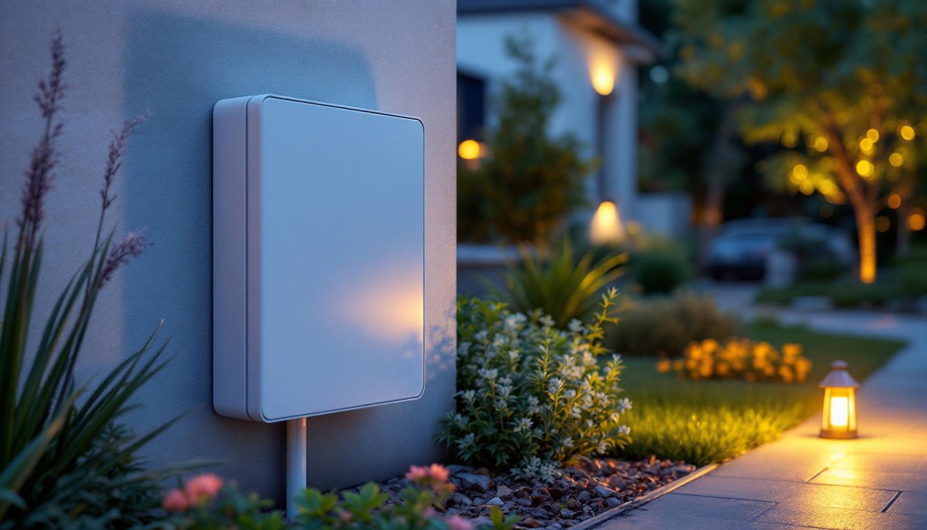 A photograph of a well-installed outdoor electrical box extender in a beautifully landscaped setting