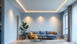 A photograph of a well-designed living space featuring flush mount recessed lighting