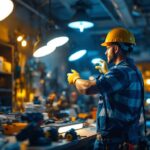 A photograph of a lighting contractor at work