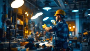 A photograph of a lighting contractor at work