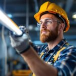 A photograph of a lighting contractor installing 4 ft led tube bulbs in a commercial space