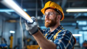 A photograph of a lighting contractor installing 4 ft led tube bulbs in a commercial space