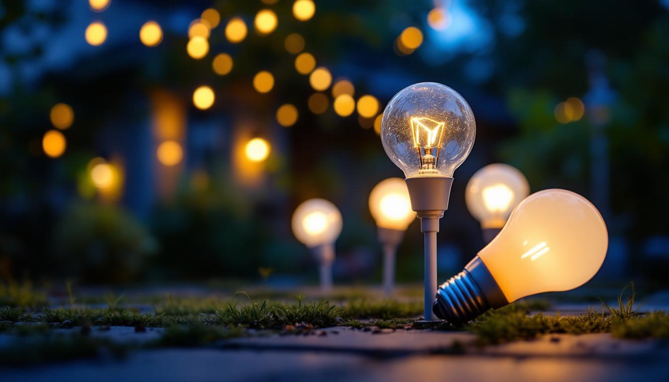 A photograph of a well-lit outdoor space featuring various solar bulbs in use