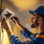 A photograph of a skilled lighting contractor installing or adjusting an electrical cover in a residential or commercial setting