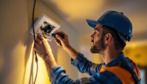 A photograph of a skilled lighting contractor installing or adjusting an electrical cover in a residential or commercial setting