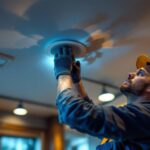 A photograph of a skilled electrician installing recessed light housing in a modern ceiling