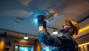 A photograph of a skilled electrician installing recessed light housing in a modern ceiling