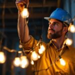 A photograph of a lighting contractor expertly installing a work light string in a construction or outdoor setting