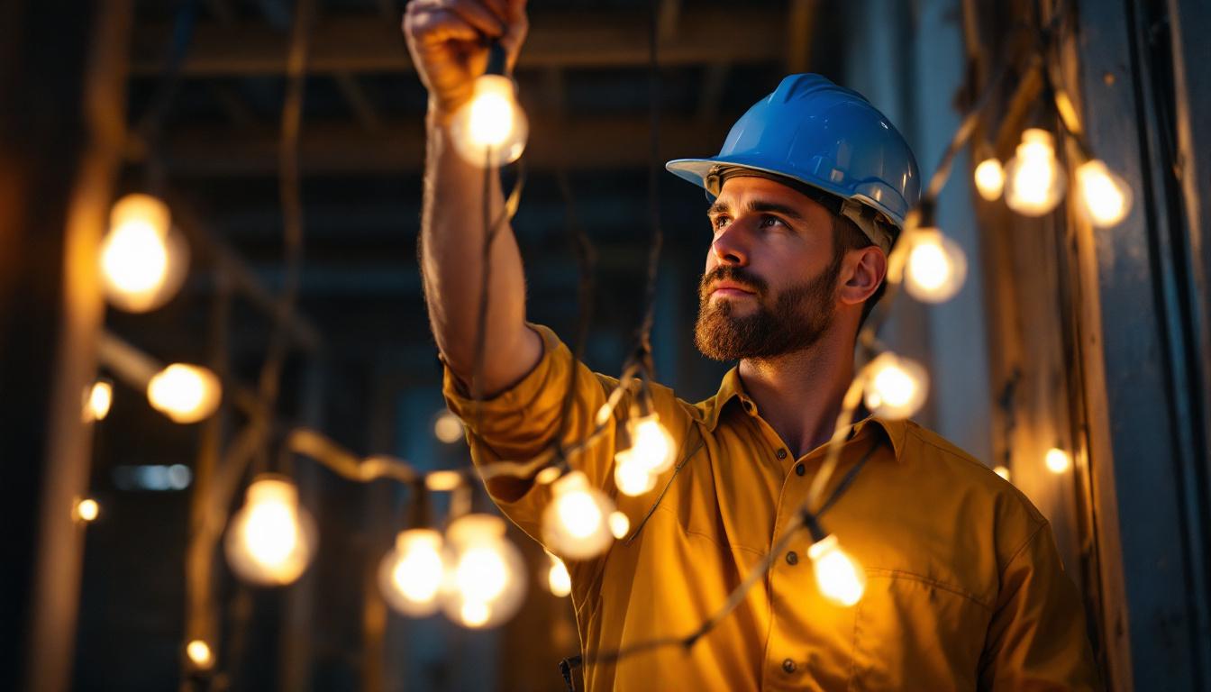 A photograph of a lighting contractor expertly installing a work light string in a construction or outdoor setting
