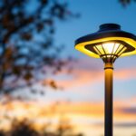 A photograph of a beautifully designed solar lamp post illuminated at dusk