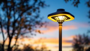 A photograph of a beautifully designed solar lamp post illuminated at dusk