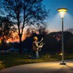 A photograph of a well-lit outdoor space featuring stylish solar light posts in use