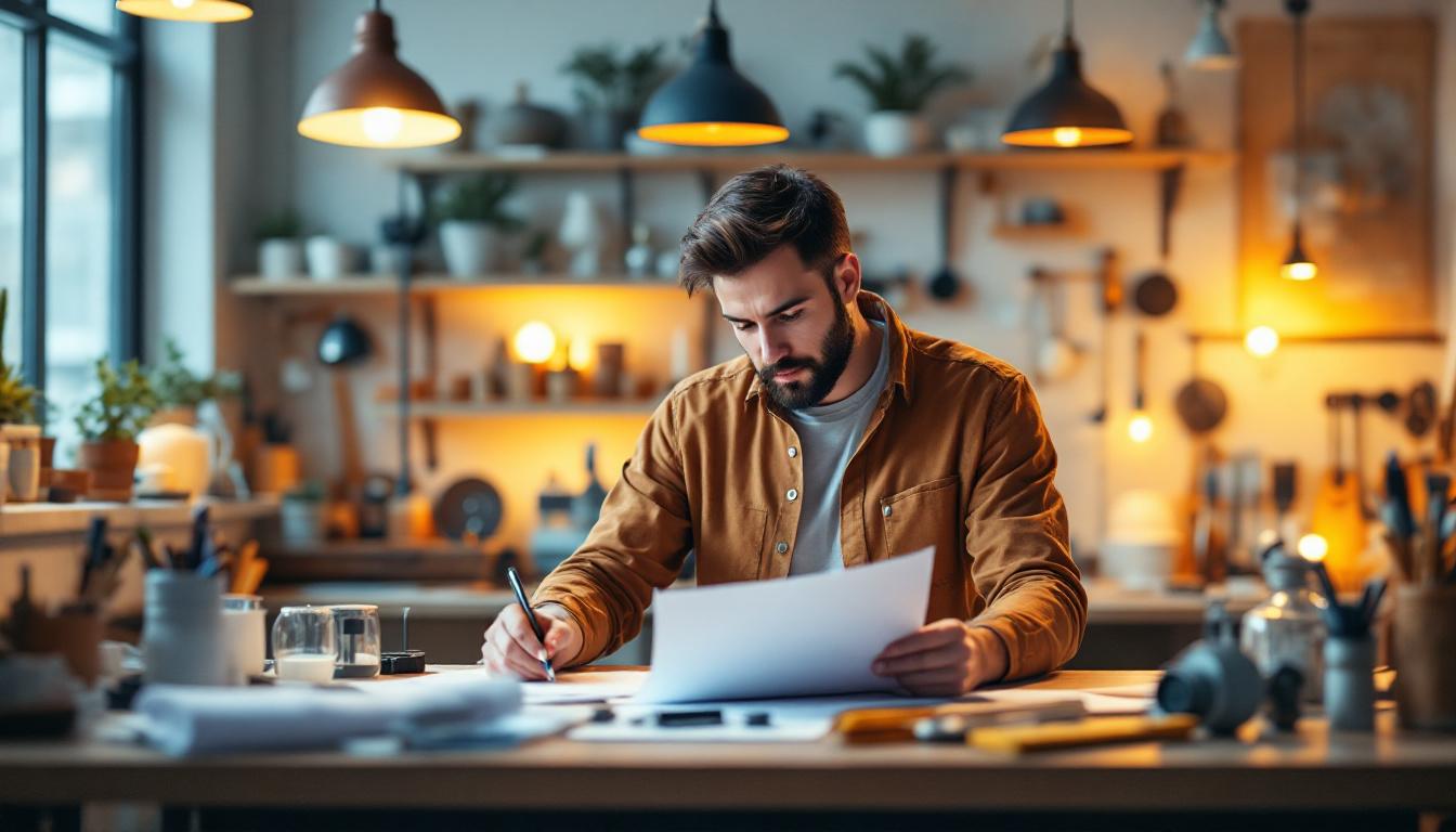 A photograph of a well-lit workspace showcasing various lighting fixtures and tools