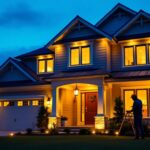 A photograph of a beautifully lit exterior of a house at dusk