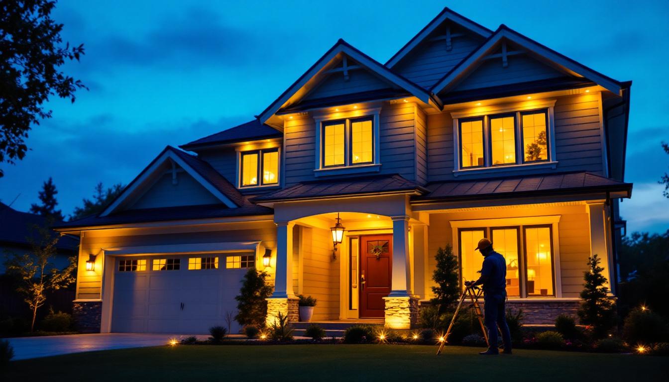 A photograph of a beautifully lit exterior of a house at dusk