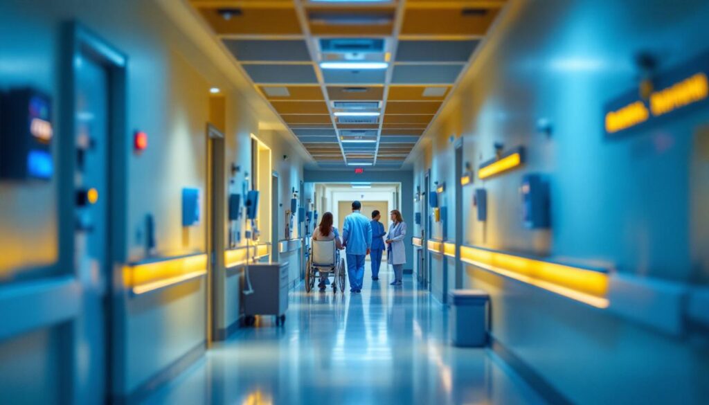 A photograph of a well-lit hospital corridor showcasing the effectiveness of modern lighting solutions