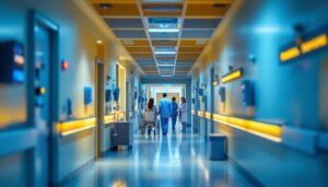 A photograph of a well-lit hospital corridor showcasing the effectiveness of modern lighting solutions