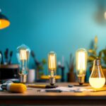 A photograph of a well-lit workspace featuring a variety of corn cob light bulbs in different wattages and colors